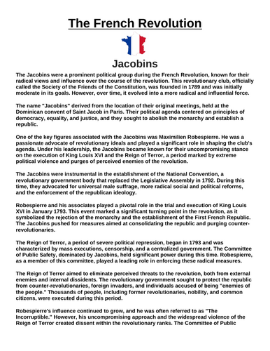 French Revolution: Jacobins “Article & Questions” Assignment