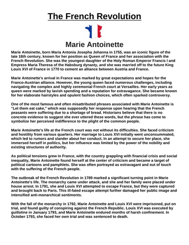 French Revolution: Marie Antoinette “Article & Questions” Assignment