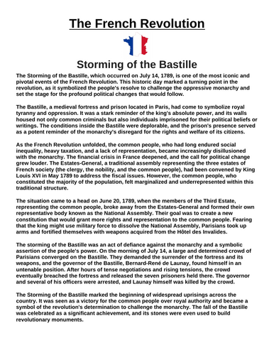 French Revolution: Storming of the Bastille “Article & Questions” Assignment