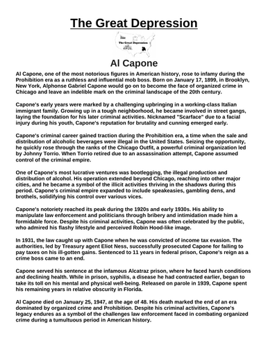 Great Depression: Al Capone “Article & Questions” Assignment
