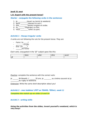 Sequence of lessons - Present Tense