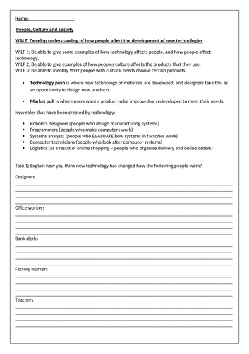 KS3 DT -  People, Culture and Society - Technology Push & Market Pull