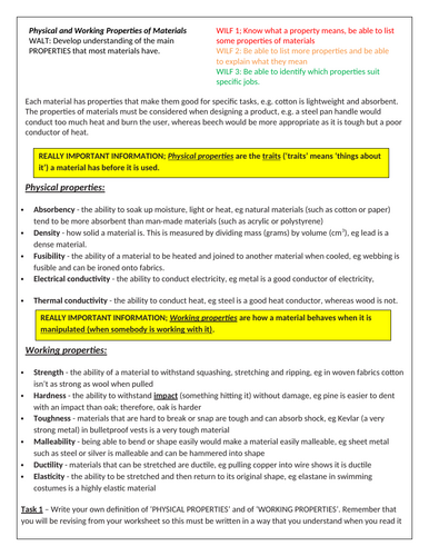 KS3 DT -  Physical and Working Properties of Materials