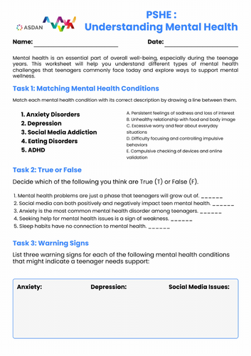 ASDAN PSHE - Understanding Mental Health for Teens