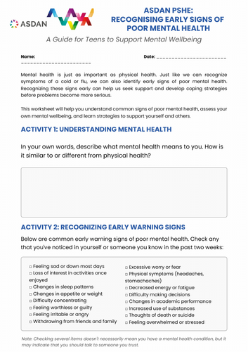 ASDAN PSHE - Recognising Early Signs of Mental Health
