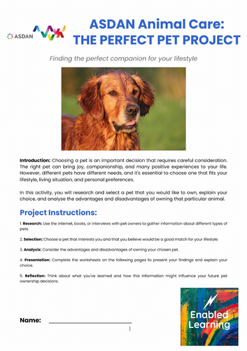 ASDAN Animal Care - Investigate a Pet to Own - Animal Investigation A2