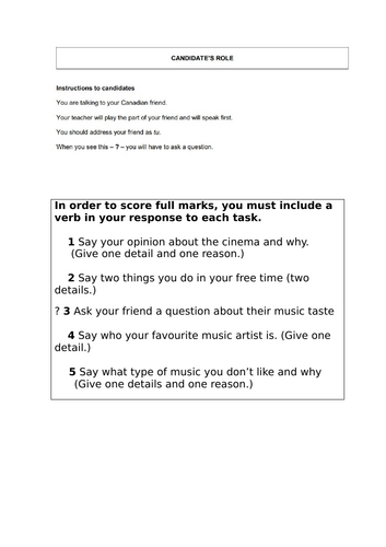 French GCSE speaking cards