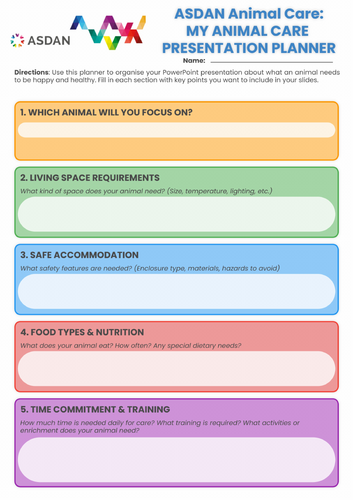ASDAN Animal Care - Domestic Animal Presentation Planner - Animal Investigation - A3 Task