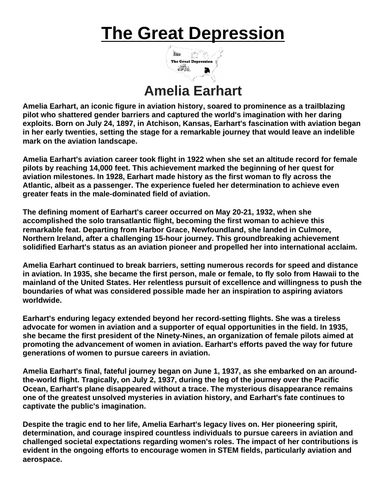 Great Depression: Amelia Earhart “Article & Questions” Assignment