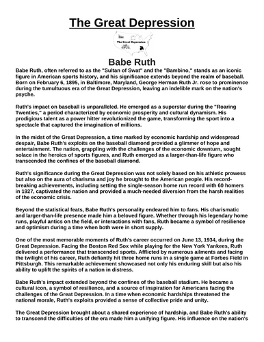 Great Depression: Babe Ruth “Article & Questions” Assignment