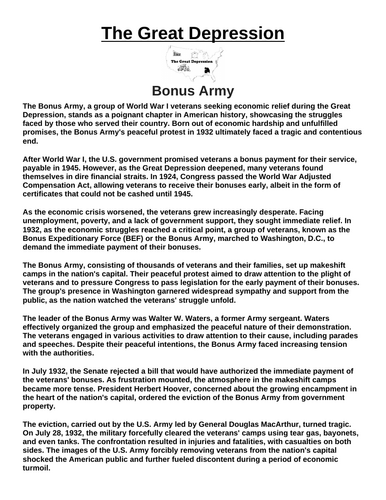 Great Depression: Bonus Army “Article & Questions” Assignment