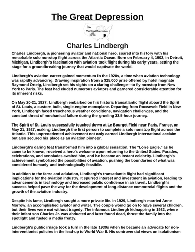 Great Depression: Charles Lindbergh “Article & Questions” Assignment