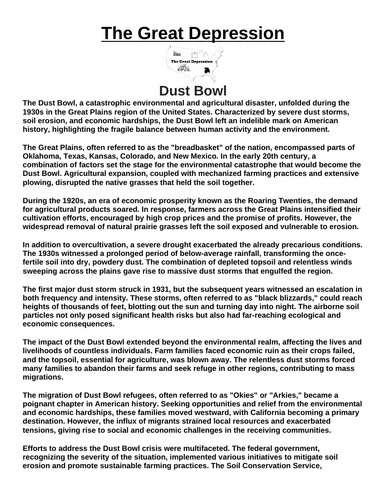 Great Depression: Dust Bowl “Article & Questions” Assignment