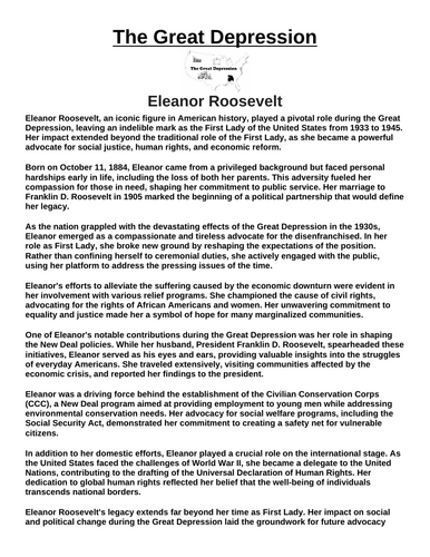 Great Depression: Eleanor Roosevelt “Article & Questions” Assignment