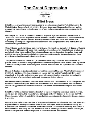 Great Depression: Elliot Ness “Article & Questions” Assignment