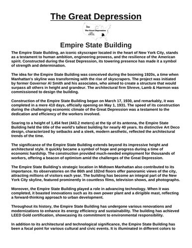 Great Depression: Empire State Building “Article & Questions” Assignment