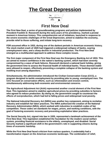 Great Depression: First New Deal “Article & Questions” Assignment