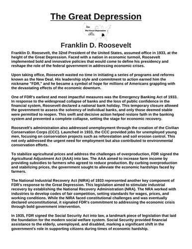 Great Depression: Franklin D. Roosevelt “Article & Questions” Assignment
