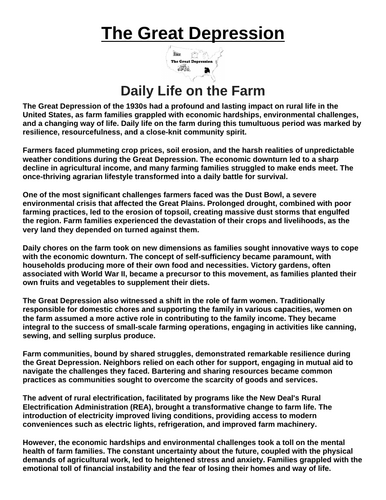 Great Depression: Daily Life on the Farm “Article & Questions” Assignment