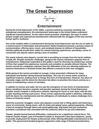 Great Depression: Entertainment & Fun “Article & Questions” Assignment