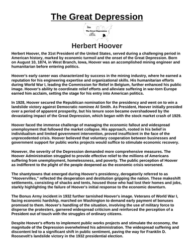 Great Depression: Herbert Hoover “Article & Questions” Assignment