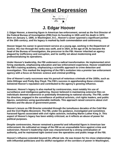 Great Depression: J. Edgar Hoover “Article & Questions” Assignment
