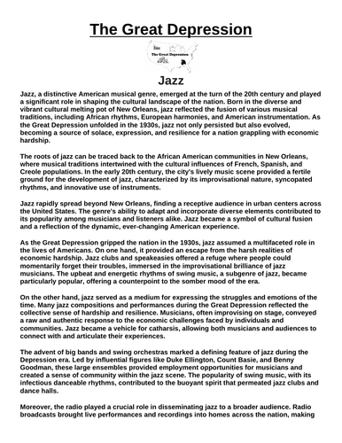 Great Depression: Jazz “Article & Questions” Assignment