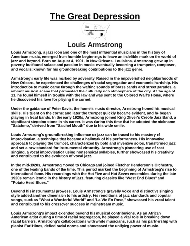 Great Depression: Louis Armstrong “Article & Questions” Assignment