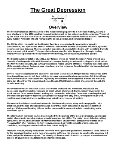 Great Depression: Overview “Article & Questions” Assignment