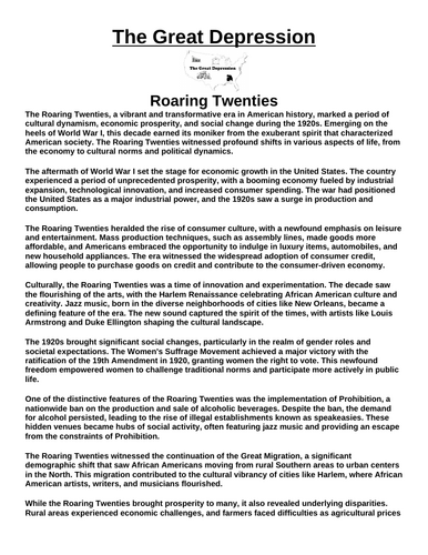 Great Depression: Roaring Twenties “Article & Questions” Assignment