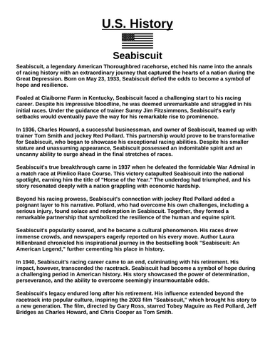 Great Depression: Seabiscuit “Article & Questions” Assignment