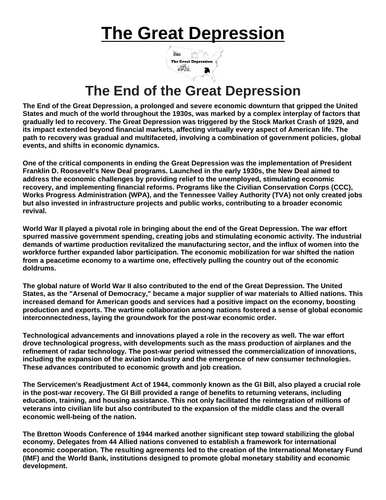 Great Depression: The End of the Great Depression Article & Questions” Assignment