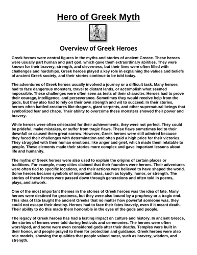 Greek Heroes Overview “Article & Questions” Assignment