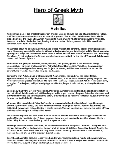 Greek Hero: Achilles “Article & Questions” Assignment