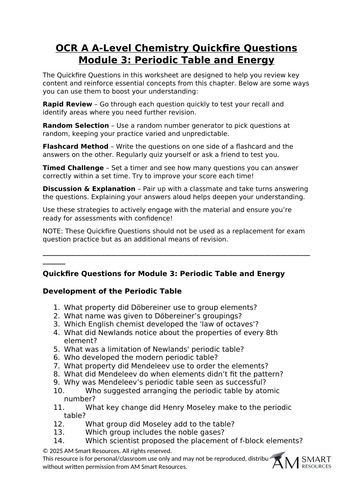 OCR A A-Level Chemistry Quickfire Questions Module 3: Periodic Table and Energy