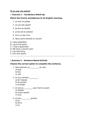 Pearson Edexcel / AQA GCSE French (Higher) - Module 1 - Tu as une vie active?