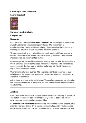 Como agua para chocolate by Laura Esquivel – Chapter Ten – Octubre: Chorizo