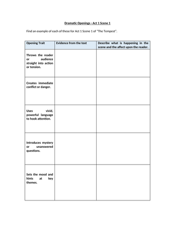 The Tempest - Dramatic Openings Worksheet