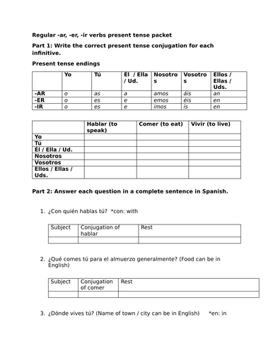Regular -ar, -er, -ir verbs present tense packet