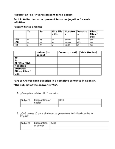 Regular -ar, -er, -ir verbs present tense packet