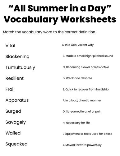 all summer in a day vocabulary worksheet
