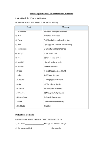 Vocabulary Worksheet - I Wandered Lonely as a Cloud by Wordsworth