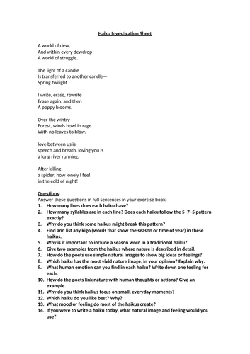 Haiku Investigation Worksheet
