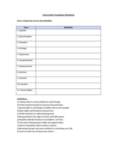 Social Justice Vocabulary Worksheet