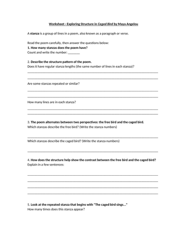 Exploring Structure in Caged Bird by Maya Angelou Worksheet