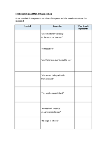 Symbolism in Island Man By Grace Nichols Worksheet