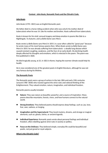 John Keats, Romantic Poets and the Chivalric Code Context Worksheet