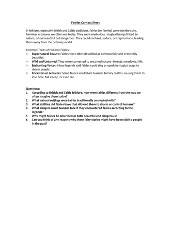 Faeries Context Worksheet