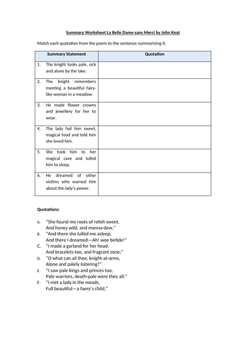 Summary Worksheet La Belle Dame sans Merci by John Keats
