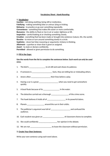 Vocabulary Worksheet - Hawk Roosting by Ted Hughes